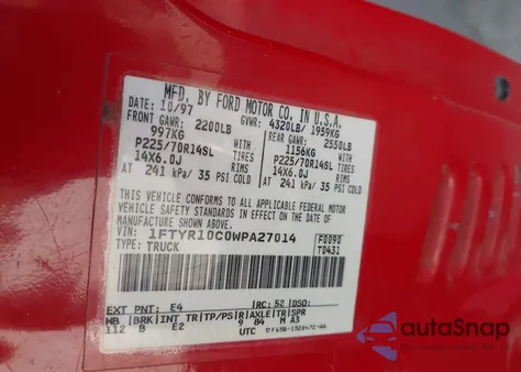 1998 Ford Ranger Splash/Xl/Xlt z USA, uszkodzony, nr VIN 1FTYR10C0WPA27014